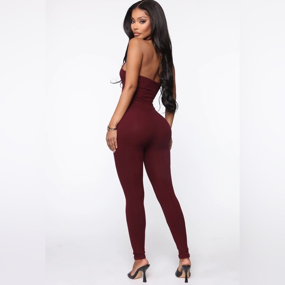 FASHION NOVA Standing Tall Ribbed Jumpsuit - Burgundy Size Large - Picture 3 of 8